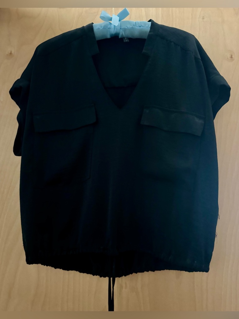 BCBGMaxAzria v neck top with pockets and drawstring waist